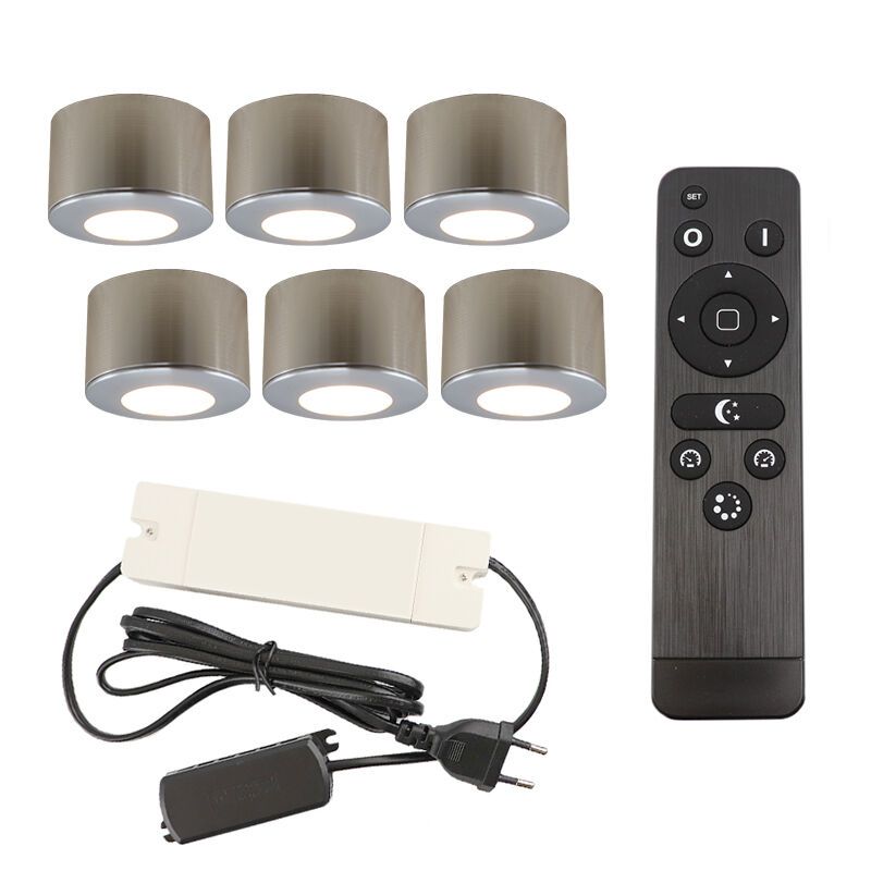 6 ronde geborsteld Chroom veranda opbouwspots Vasso, IP44, incl. aansluitset en afstandbediening