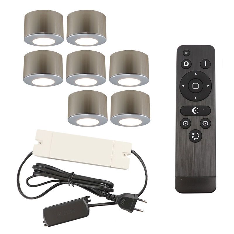 7 ronde geborsteld Chroom veranda opbouwspots Vasso, IP44, incl. aansluitset en afstandbediening