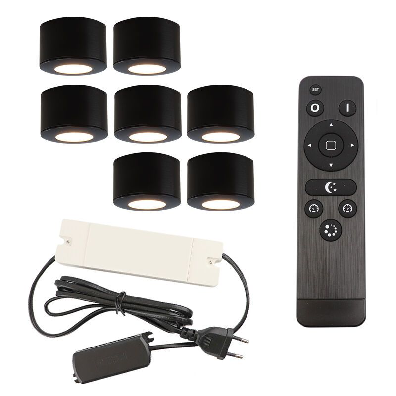 7 ronde zwarte veranda opbouwspots Vasso, IP44, incl. aansluitset en afstandbediening 7 ronde zwarte veranda opbouwspots Vasso, IP44, incl. aansluitset en afstandbediening