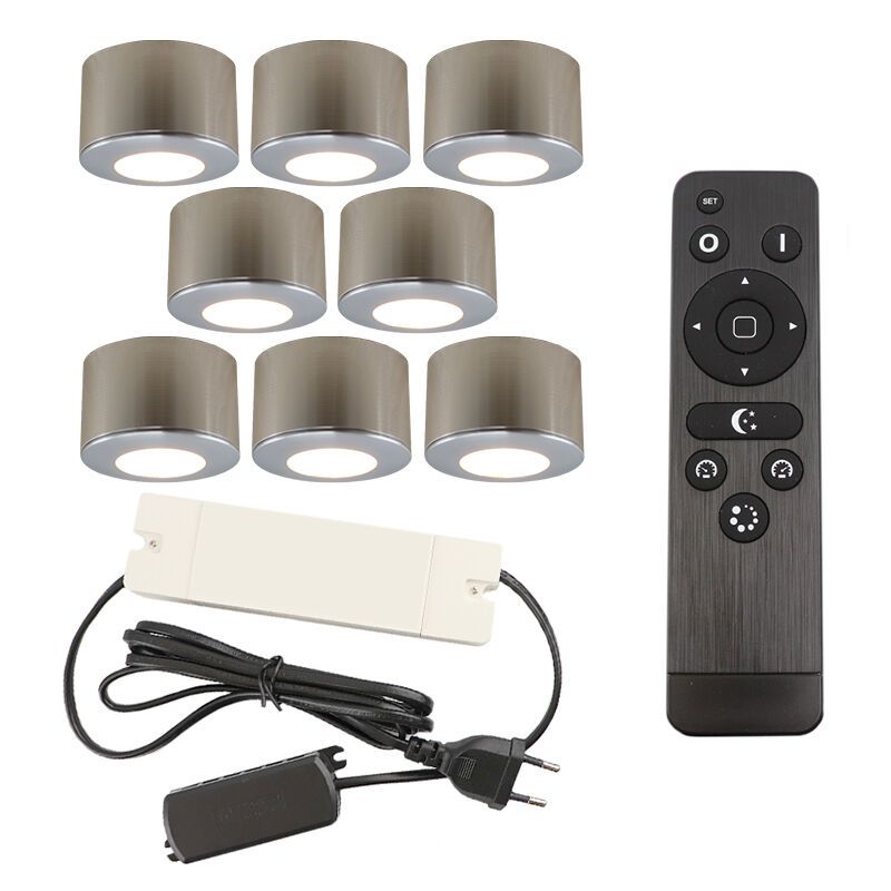 8 ronde geborsteld Chroom veranda opbouwspots Vasso, IP44, incl. aansluitset en afstandbediening