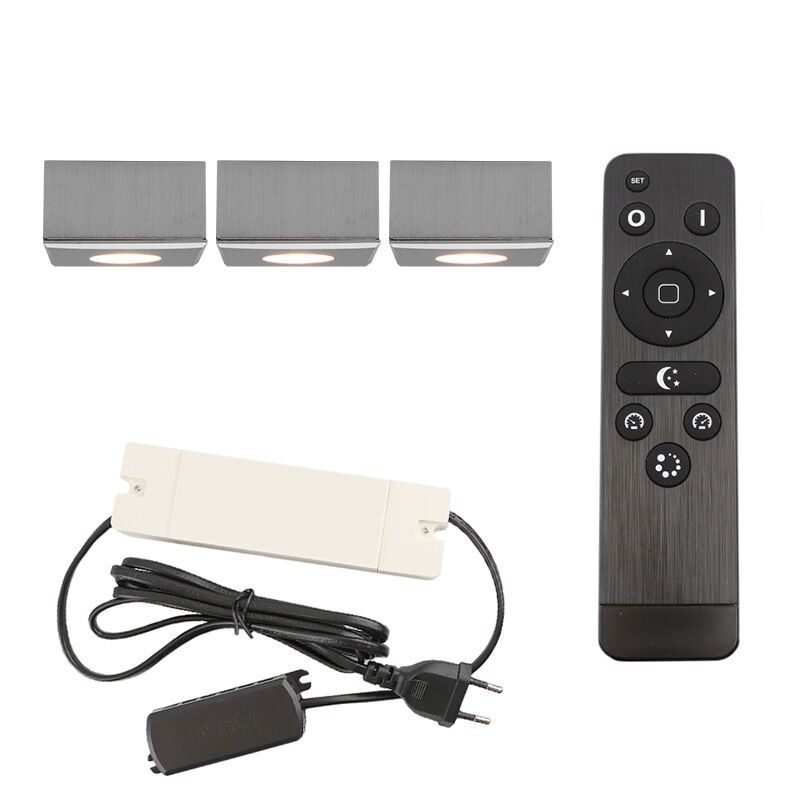 3 vierkante geborsteld Chroom veranda opbouwspots Fredo, IP44, incl. aansluitset en afstandbediening