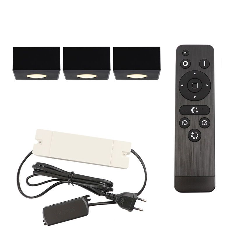 3 vierkante zwarte veranda opbouwspots Fredo, IP44, incl. aansluitset en afstandbediening 3 vierkante zwarte veranda opbouwspots Fredo, IP44, incl. aansluitset en afstandbediening