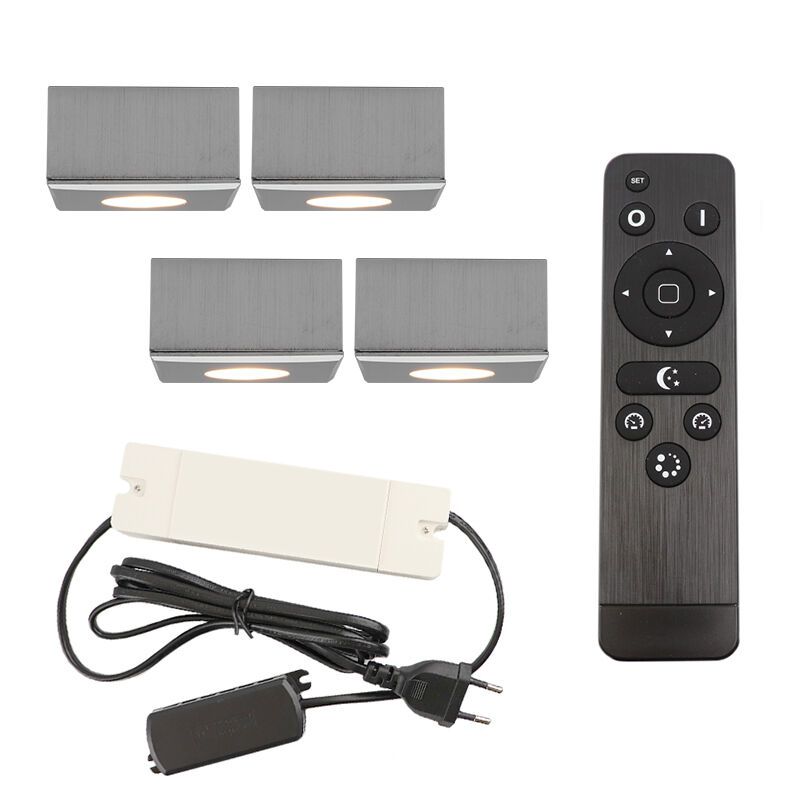 4 vierkante geborsteld Chroom veranda opbouwspots Fredo, IP44, incl. aansluitset en afstandbediening