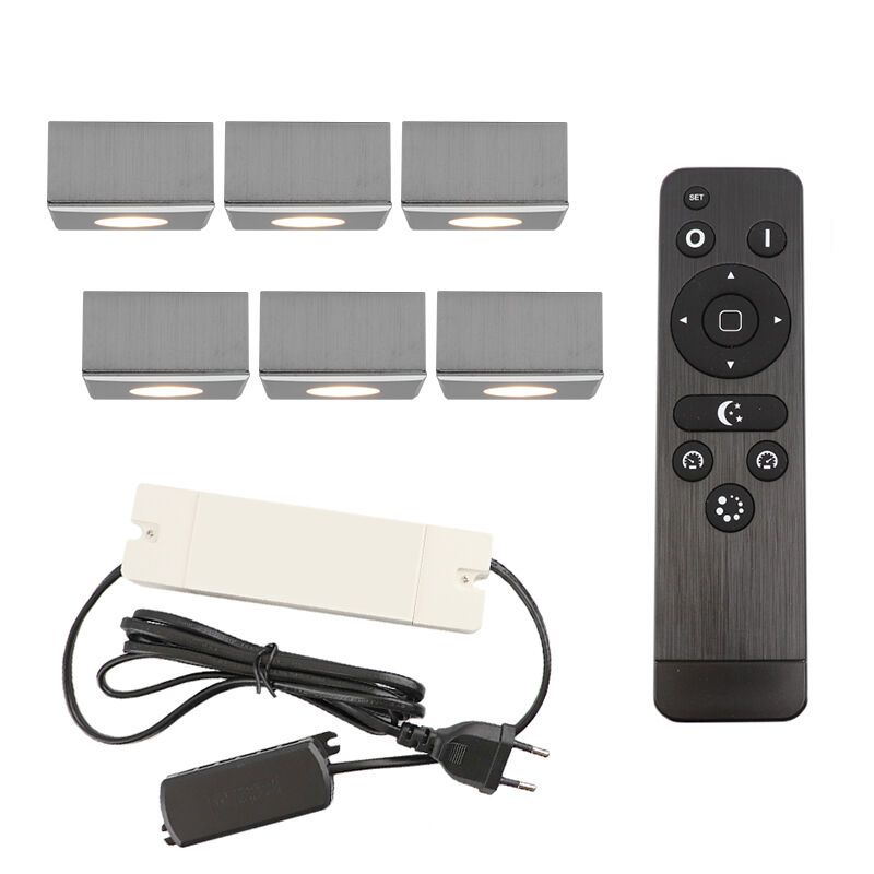 6 vierkante geborsteld Chroom veranda opbouwspots Fredo, IP44, incl. aansluitset en afstandbediening 6 vierkante geborsteld Chroom veranda opbouwspots Fredo, IP44, incl. aansluitset en afstandbediening