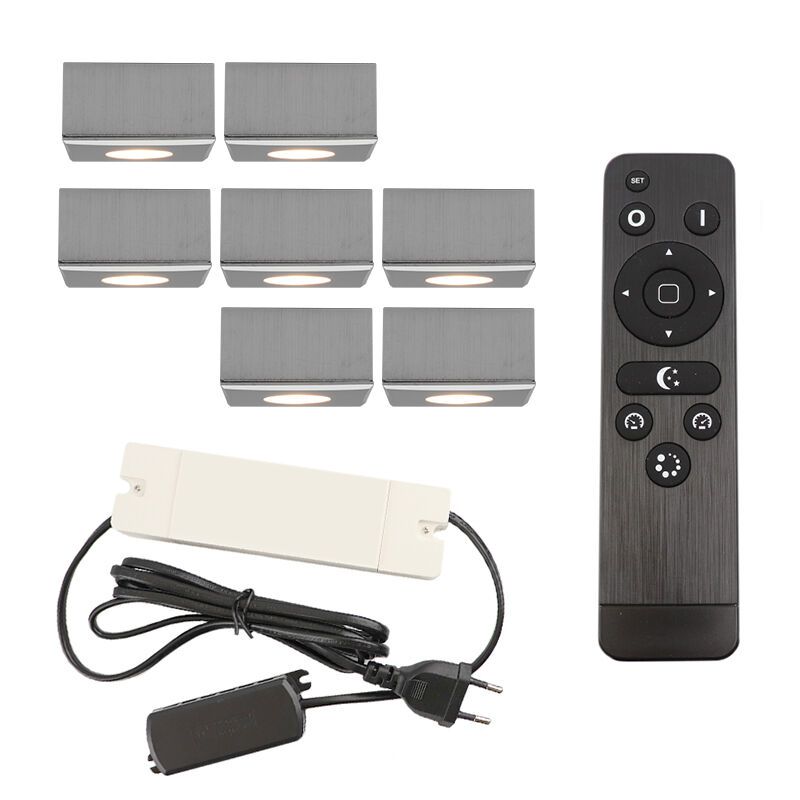 7 vierkante geborsteld Chroom veranda opbouwspots Fredo, IP44, incl. aansluitset en afstandbediening 7 vierkante geborsteld Chroom veranda opbouwspots Fredo, IP44, incl. aansluitset en afstandbediening