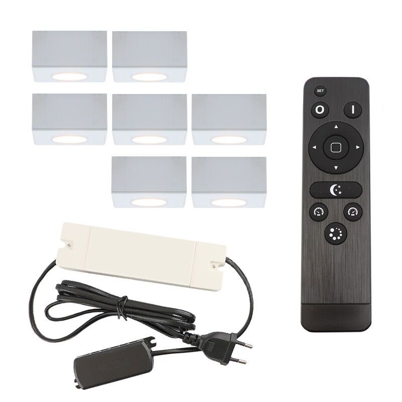 7 vierkante witte veranda opbouwspots Fredo, IP44, incl. aansluitset en afstandbediening 7 vierkante witte veranda opbouwspots Fredo, IP44, incl. aansluitset en afstandbediening