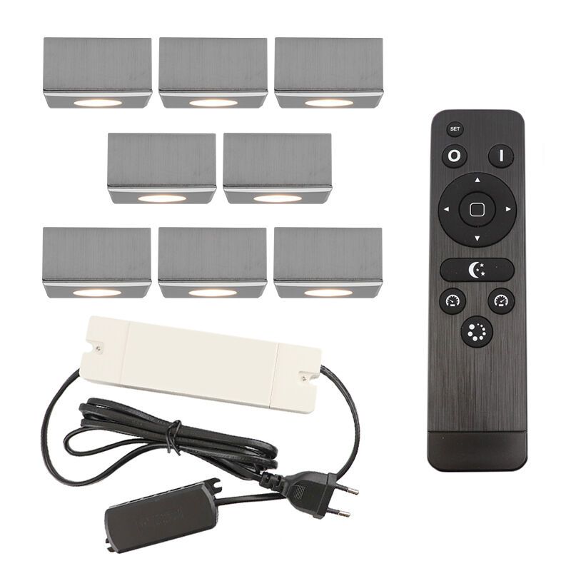 8 vierkante geborsteld Chroom veranda opbouwspots Fredo, IP44, incl. aansluitset en afstandbediening 8 vierkante geborsteld Chroom veranda opbouwspots Fredo, IP44, incl. aansluitset en afstandbediening