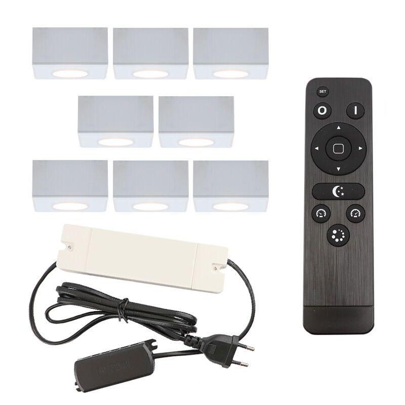 8 vierkante witte veranda opbouwspots Fredo, IP44, incl. aansluitset en afstandbediening