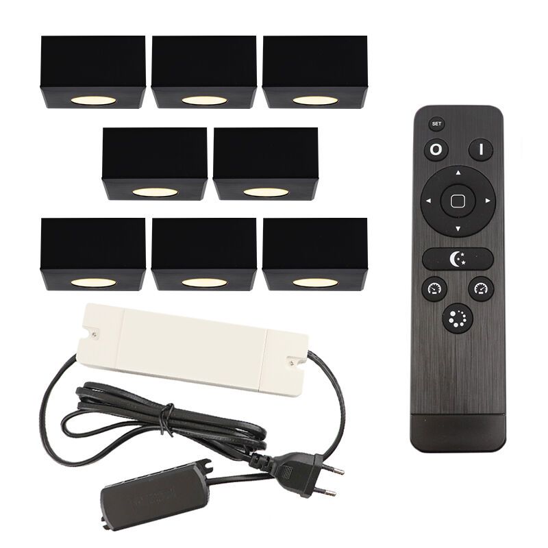 8 vierkante zwarte veranda opbouwspots Fredo, IP44, incl. aansluitset en afstandbediening 8 vierkante zwarte veranda opbouwspots Fredo, IP44, incl. aansluitset en afstandbediening