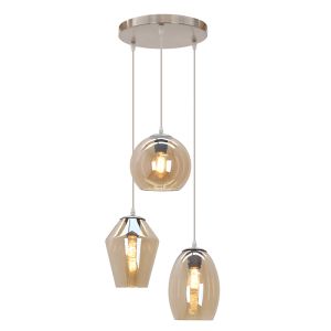 Ronde design hanglamp Lazaro met 3 amberkleurige kappen