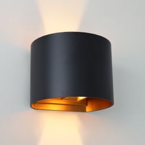 Up down wandlamp zwart met gouden binnenzijde, Dion, 6W, 2700K LED, IP65