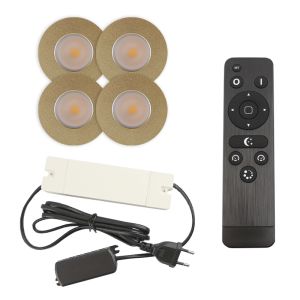 4 messing veranda inbouwspots Dico, IP65, incl. aansluitset en afstandbediening