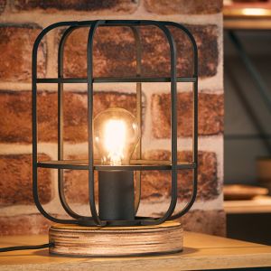 Industriële tafellamp Taede, Zwart, hout