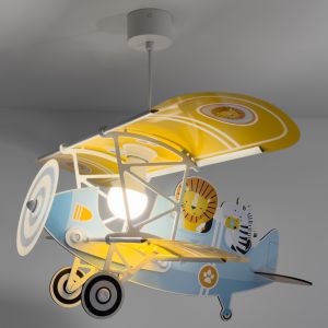 Blauwe kinderkamer hanglamp kunststof, Leeuw vliegtuig