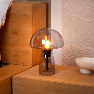 Grijze tafellamp rookglas, Fungo, met schakelaar