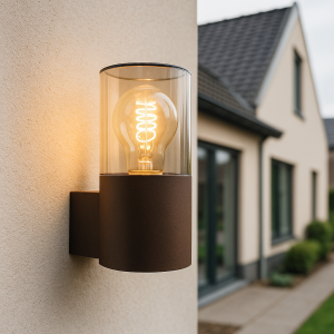 Roestkleur wandlamp Sanel, smoke glas, IP44, cilinder