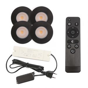 4 zwarte veranda inbouwspots Dico, IP65, incl. aansluitset en afstandbediening