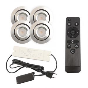 4 kantelbare veranda spots Rona, IP44, met aansluitset en afstandsbediening, geborsteld chroom