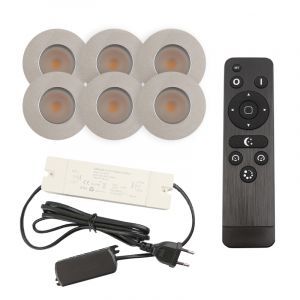 6 geborsteld Chroom veranda inbouwspots Dico, IP65, incl. aansluitset en afstandbediening