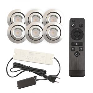 6 kantelbare veranda spots Rona, IP44, met aansluitset en afstandsbediening, geborsteld chroom