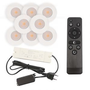 8 witte veranda inbouwspots Dico, IP65, incl. aansluitset en afstandbediening