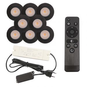 8 zwarte veranda inbouwspots Dico, IP65, incl. aansluitset en afstandbediening