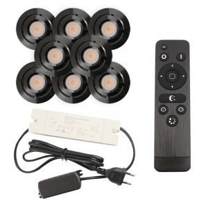 8 kantelbare veranda spots Rona, IP44, met aansluitset en afstandsbediening, zwart