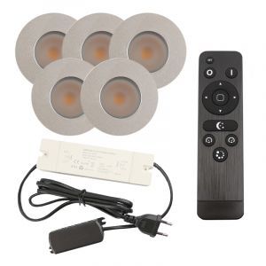 5 geborsteld Chroom veranda inbouwspots Dico, IP65, incl. aansluitset en afstandbediening