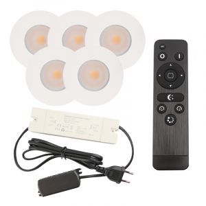 5 witte veranda inbouwspots Dico, IP65, incl. aansluitset en afstandbediening