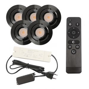5 kantelbare veranda spots Rona, IP44, met aansluitset en afstandsbediening, zwart
