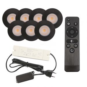 7 zwarte veranda inbouwspots Dico, IP65, incl. aansluitset en afstandbediening