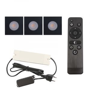 3 vierkante zwarte veranda inbouwspots Dico, IP65, incl. aansluitset en afstandbediening