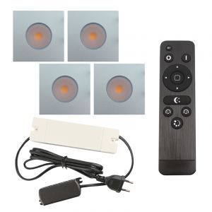 4 vierkante geborsteld Chroom veranda inbouwspots Dico, IP65, incl. aansluitset en afstandbediening