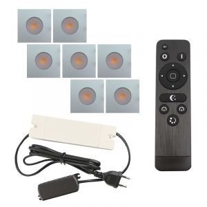 7 vierkante geborsteld Chroom veranda inbouwspots Dico, IP65, incl. aansluitset en afstandbediening