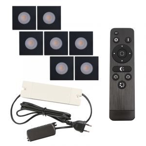 7 vierkante zwarte veranda inbouwspots Dico, IP65, incl. aansluitset en afstandbediening
