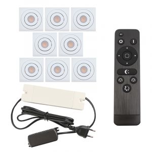 8 kantelbare veranda spots Rona vierkant, IP44, met aansluitset en afstandsbediening, wit