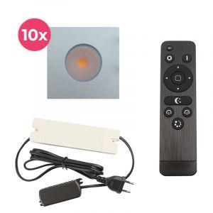 10 vierkante geborsteld Chroom veranda inbouwspots Dico, IP65, incl. aansluitset en afstandbediening