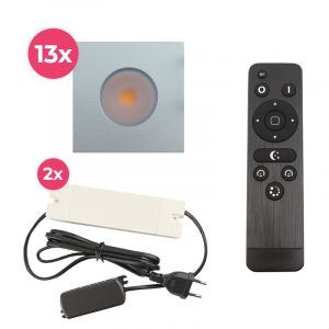 13 vierkante geborsteld Chroom veranda inbouwspots Dico, IP65, incl. aansluitset en afstandbediening