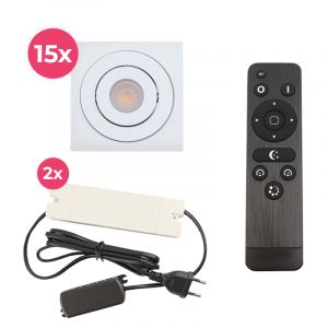 15 kantelbare veranda spots Rona vierkant, IP44, met aansluitset en afstandsbediening, wit
