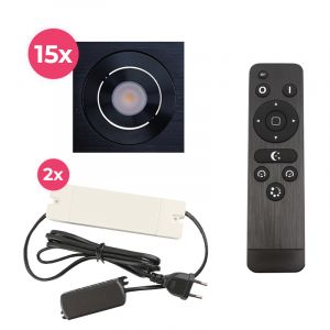15 kantelbare veranda spots Rona vierkant, IP44, met aansluitset en afstandsbediening, zwart