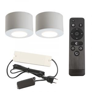 2 ronde witte veranda opbouwspots Vasso, IP44, incl. aansluitset en afstandbediening