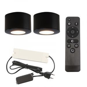 2 ronde zwarte veranda opbouwspots Vasso, IP44, incl. aansluitset en afstandbediening