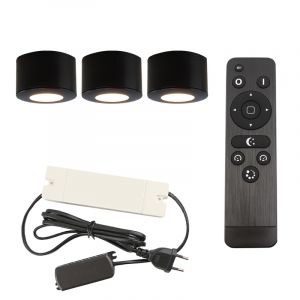 3 ronde zwarte veranda opbouwspots Vasso, IP44, incl. aansluitset en afstandbediening
