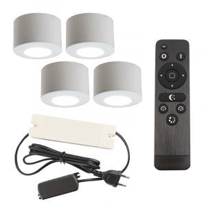 4 ronde witte veranda opbouwspots Vasso, IP44, incl. aansluitset en afstandbediening
