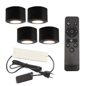 4 ronde zwarte veranda opbouwspots Vasso, IP44, incl. aansluitset en afstandbediening