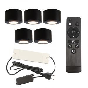 5 ronde zwarte veranda opbouwspots Vasso, IP44, incl. aansluitset en afstandbediening