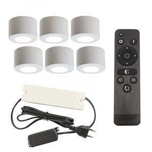 6 ronde witte veranda opbouwspots Vasso, IP44, incl. aansluitset en afstandbediening