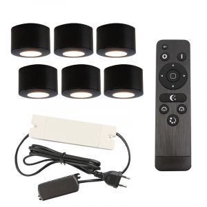 6 ronde zwarte veranda opbouwspots Vasso, IP44, incl. aansluitset en afstandbediening