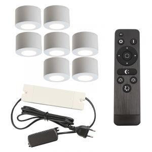 7 ronde witte veranda opbouwspots Vasso, IP44, incl. aansluitset en afstandbediening