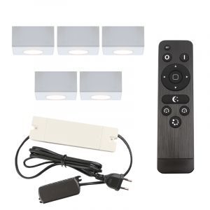 5 vierkante witte veranda opbouwspots Fredo, IP44, incl. aansluitset en afstandbediening